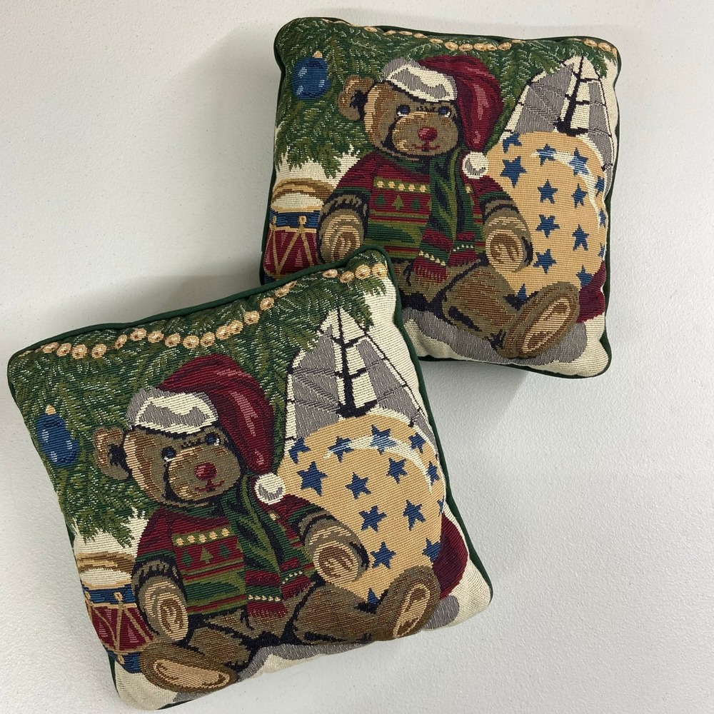 Vintage teddy bear Santa‎ Christmas green tapestry accent pillows home decor set